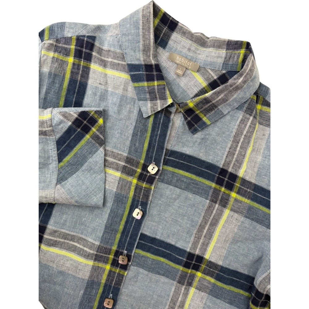 Habitat Womens Large Blue Plaid Linen Cotton Button Down 3/4 Sleeve Shirt 48520